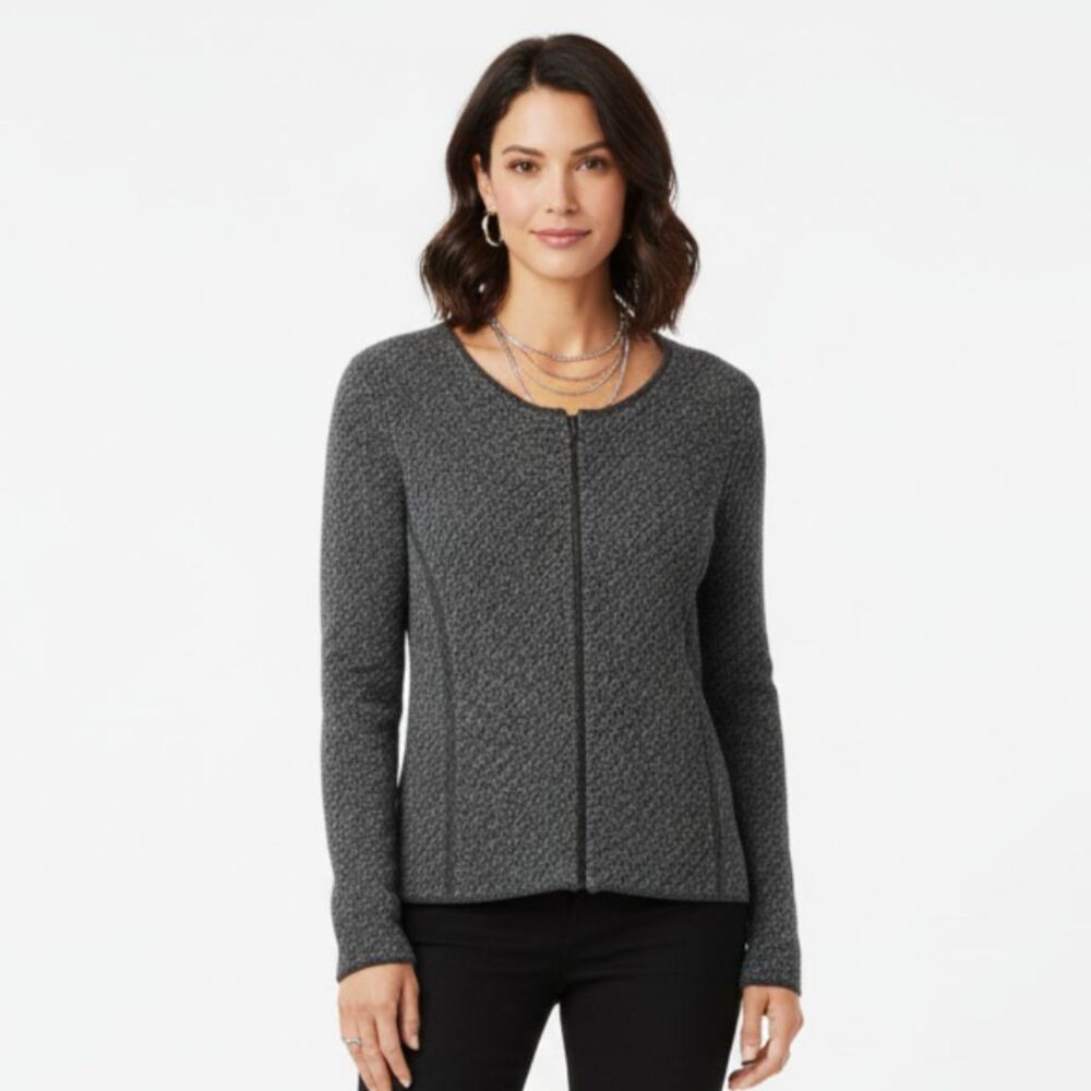 Eileen Fisher Linen Blend Gray Woven Knit Zip Front long Sleeve Sweater M